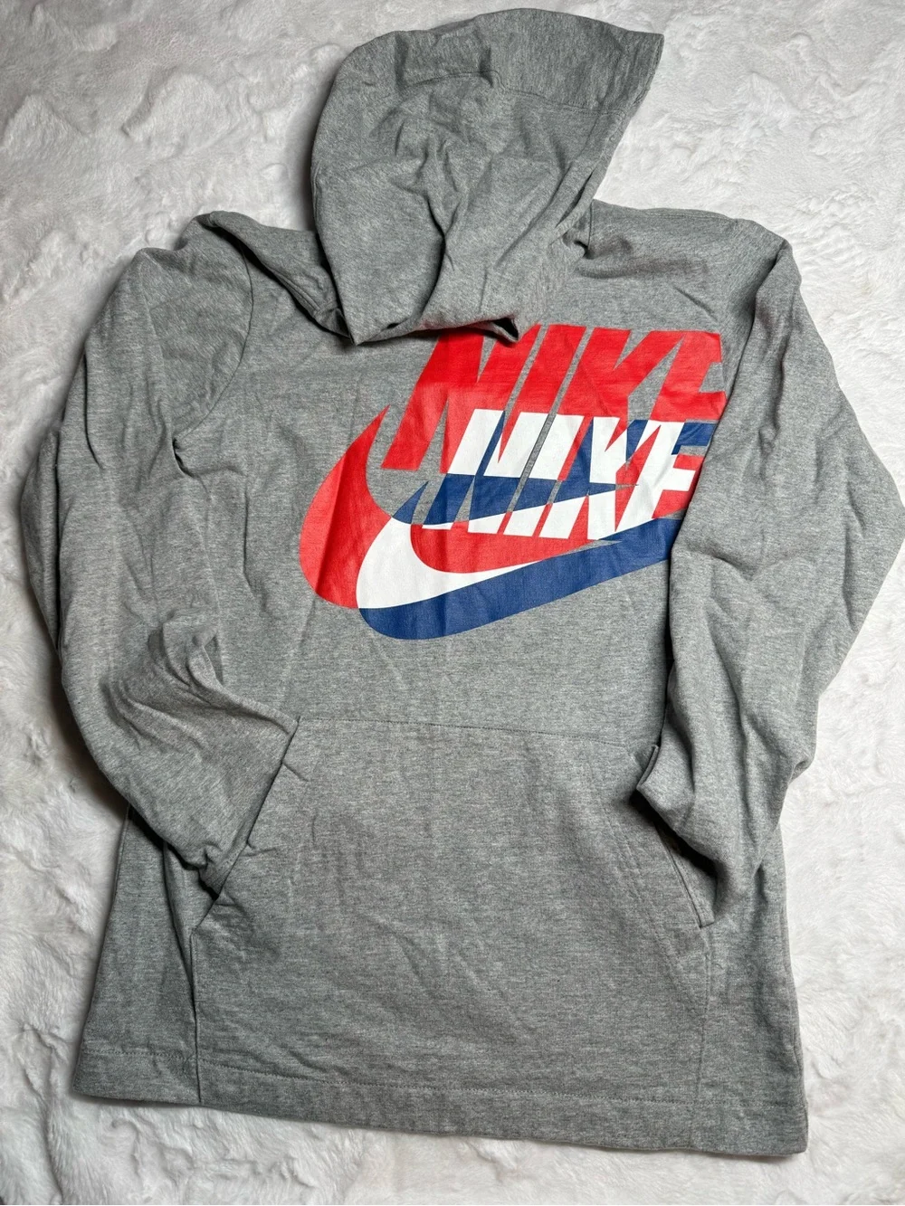 Nike Boys Gray Hooded Jersey with Red White and Blue Logo